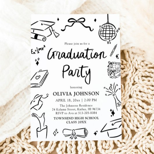 Modern Whimsical Hand Drawn Bow Graduation Party 招待状