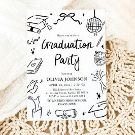 Modern Whimsical Hand Drawn Bow Graduation Party 招待状