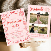 Modern Whimsical Hand Drawn Bow Graduation Party 招待状