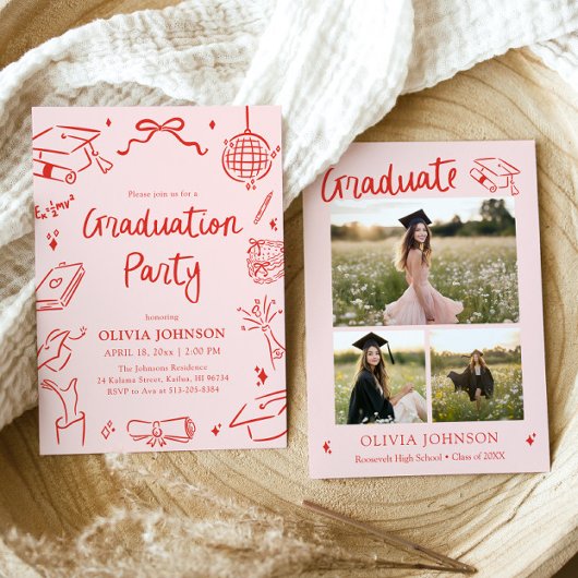 Modern Whimsical Hand Drawn Bow Graduation Party 招待状