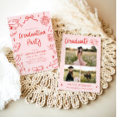 Modern Whimsical Hand Drawn Bow Graduation Party 招待状