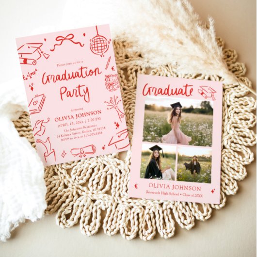 Modern Whimsical Hand Drawn Bow Graduation Party 招待状