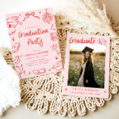 Modern Whimsical Hand Drawn Bow Graduation Party 招待状