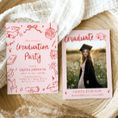 Modern Whimsical Hand Drawn Bow Graduation Party 招待状