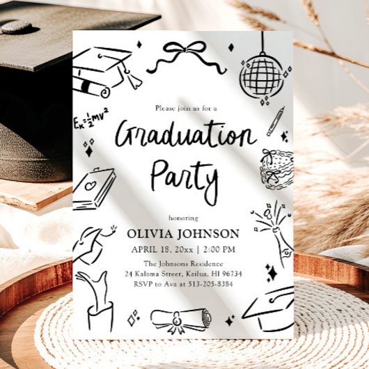 Modern Whimsical Hand Drawn Bow Graduation Party  招待状
