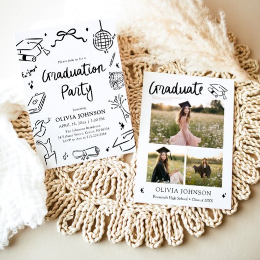 Modern Whimsical Hand Drawn Bow Graduation Party  招待状