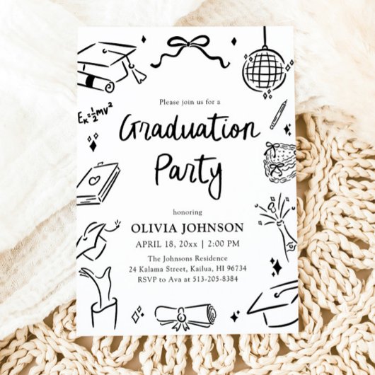 Modern Whimsical Hand Drawn Bow Graduation Party  招待状