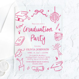 Modern Whimsical Hand Drawn Pink Graduation Party アクリル招待状