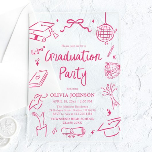 Modern Whimsical Hand Drawn Pink Graduation Party アクリル招待状