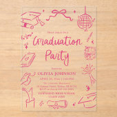 Modern Whimsical Hand Drawn Pink Graduation Party アクリル招待状 (正面)