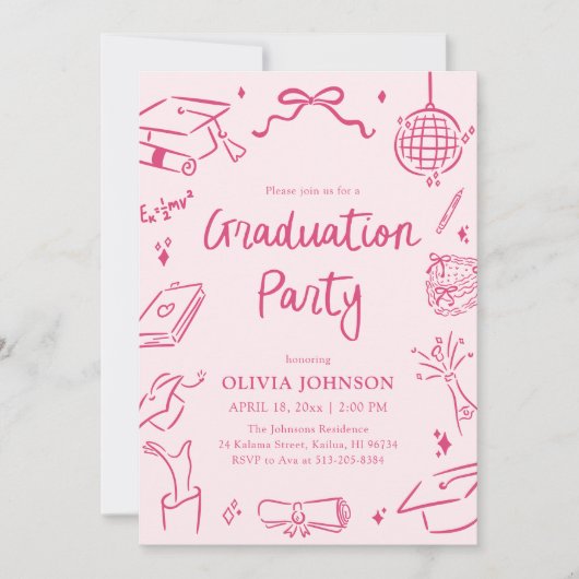 Modern Whimsical Hand Drawn Pink Graduation Party 招待状 (正面)