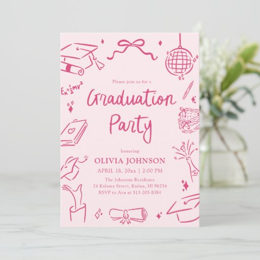 Modern Whimsical Hand Drawn Pink Graduation Party 招待状 (スタンド正面)