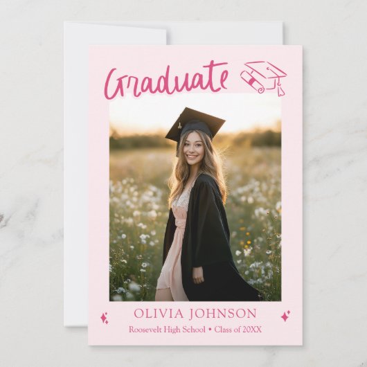 Modern Whimsical Hand Drawn Pink Graduation Party 招待状 (裏面)