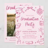 Modern Whimsical Hand Drawn Pink Graduation Party 招待状 (正面/裏面)