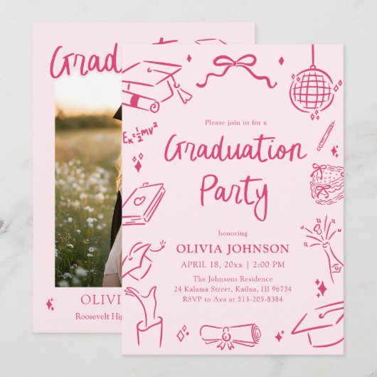 Modern Whimsical Hand Drawn Pink Graduation Party 招待状 (正面/裏面)