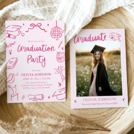 Modern Whimsical Hand Drawn Pink Graduation Party 招待状