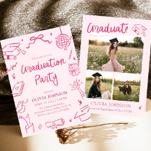 Modern Whimsical Hand Drawn Pink Graduation Party