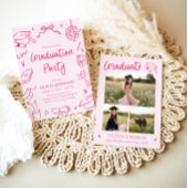 Modern Whimsical Hand Drawn Pink Graduation Party 招待状