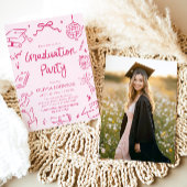 Modern Whimsical Hand Drawn Pink Graduation Party 招待状