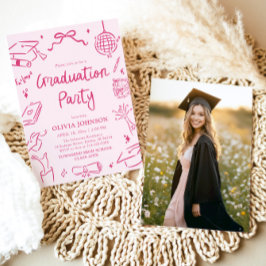 Modern Whimsical Hand Drawn Pink Graduation Party 招待状