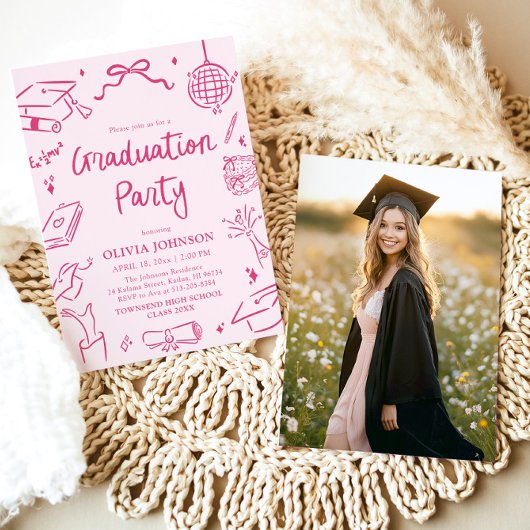 Modern Whimsical Hand Drawn Pink Graduation Party 招待状