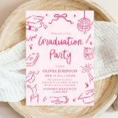 Modern Whimsical Hand Drawn Pink Graduation Party 招待状