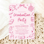 Modern Whimsical Hand Drawn Pink Graduation Party 招待状