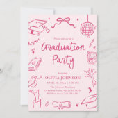 Modern Whimsical Hand Drawn Pink Graduation Party 招待状 (正面)