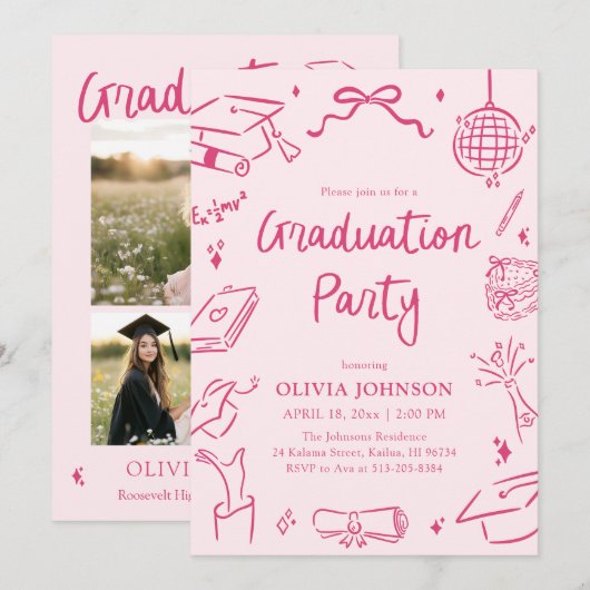 Modern Whimsical Hand Drawn Pink Graduation Party 招待状 (正面/裏面)