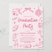 Modern Whimsical Hand Drawn Pink Graduation Party 招待状 (正面)