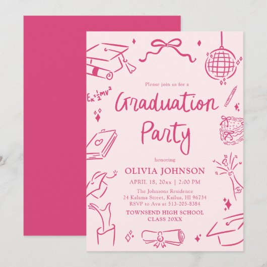 Modern Whimsical Hand Drawn Pink Graduation Party 招待状 (正面/裏面)