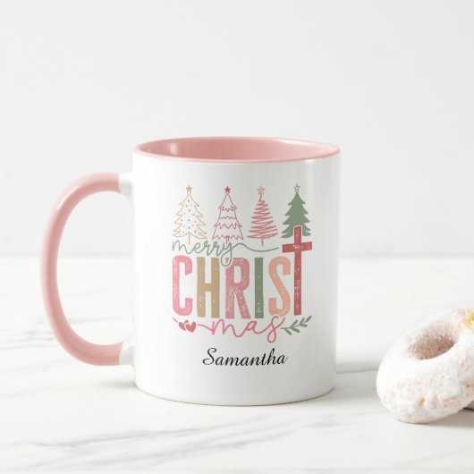 Modern Whimsical Pastel Merry Christ Mas Name   マグカップ (ドーナツ)