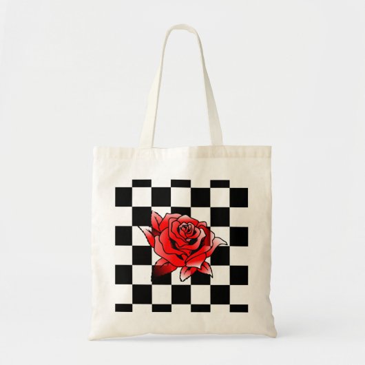 Modern White And Black Square And Red Rose トートバッグ (正面)