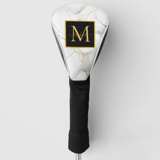 Modern White and Gold Marbled Monogram Name ゴルフヘッドカバー (正面)