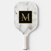 Modern White and Gold Marbled Monogram Name ピックルボールラケット (裏面)