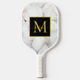 Modern White and Gold Marbled Monogram Name ピックルボールラケット
