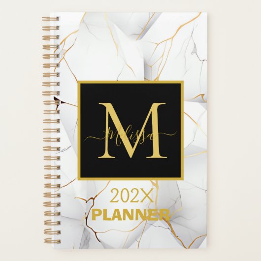 Modern White and Gold Marbled Monogram Name プランナー手帳 (正面)