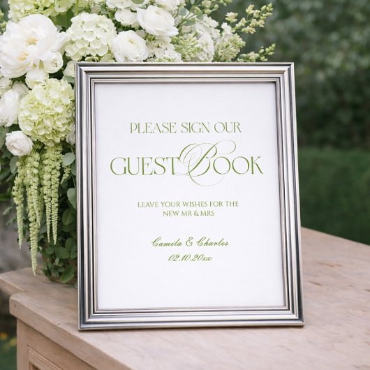 Modern White and Green Wedding Guestbook Poster ポスター