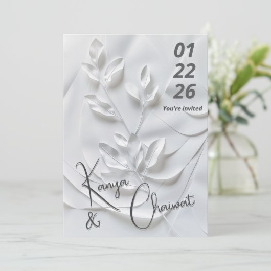 Modern White & Beige Wedding Invitation – Botanica 招待状 (スタンド正面)