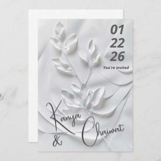 Modern White & Beige Wedding Invitation – Botanica 招待状 (正面/裏面)