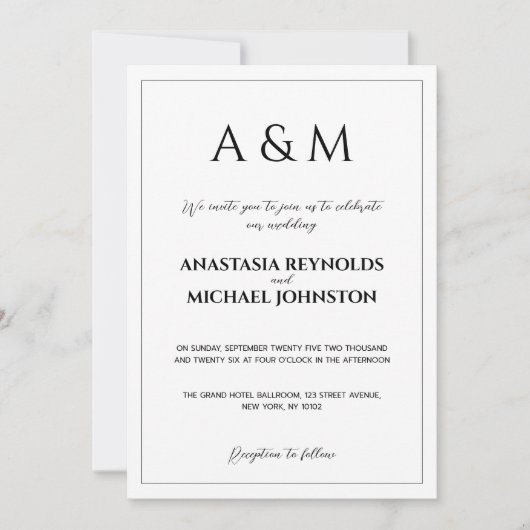 Modern white black minimalist wedding 招待状 (正面)