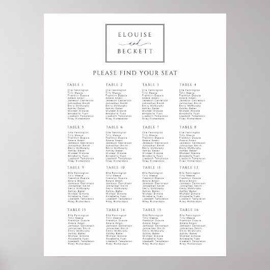 Modern White Black Wedding Seating Chart Poster ポスター (正面)