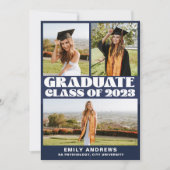 Modern White & Blue 3 Photo Grad Party 招待状 (正面)