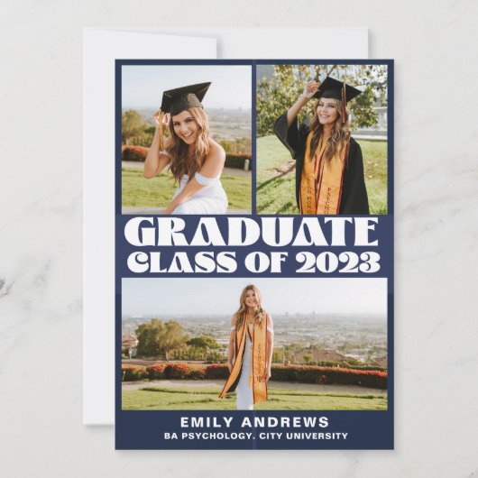 Modern White & Blue 3 Photo Grad Party 招待状 (正面)