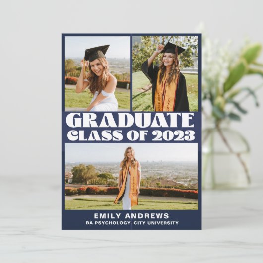 Modern White & Blue 3 Photo Grad Party 招待状 (スタンド正面)