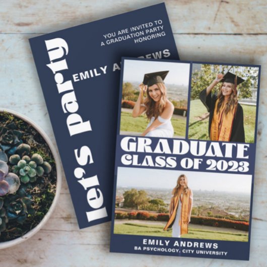 Modern White & Blue 3 Photo Grad Party 招待状