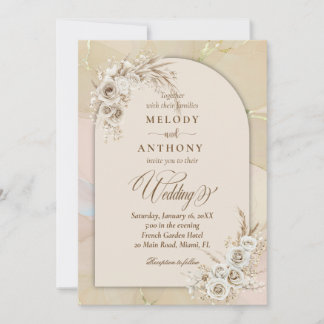 Modern White Boho Floral Arch Wedding Invitation 招待状