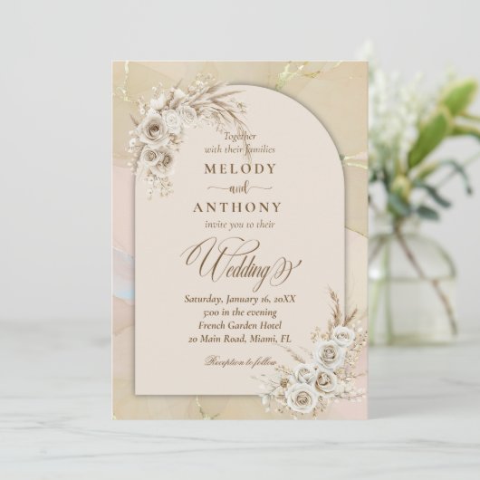 Modern White Boho Floral Arch Wedding Invitation 招待状 (スタンド正面)