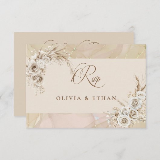Modern White Boho Floral Arch Wedding RSVP Card (正面/裏面)