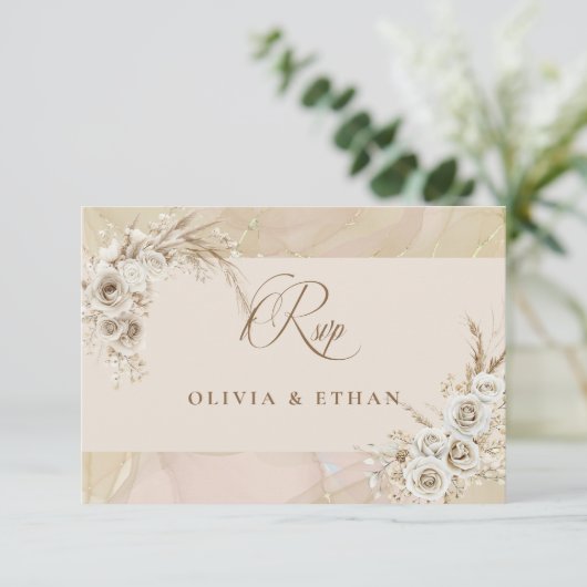 Modern White Boho Floral Arch Wedding RSVP Card (スタンド正面)